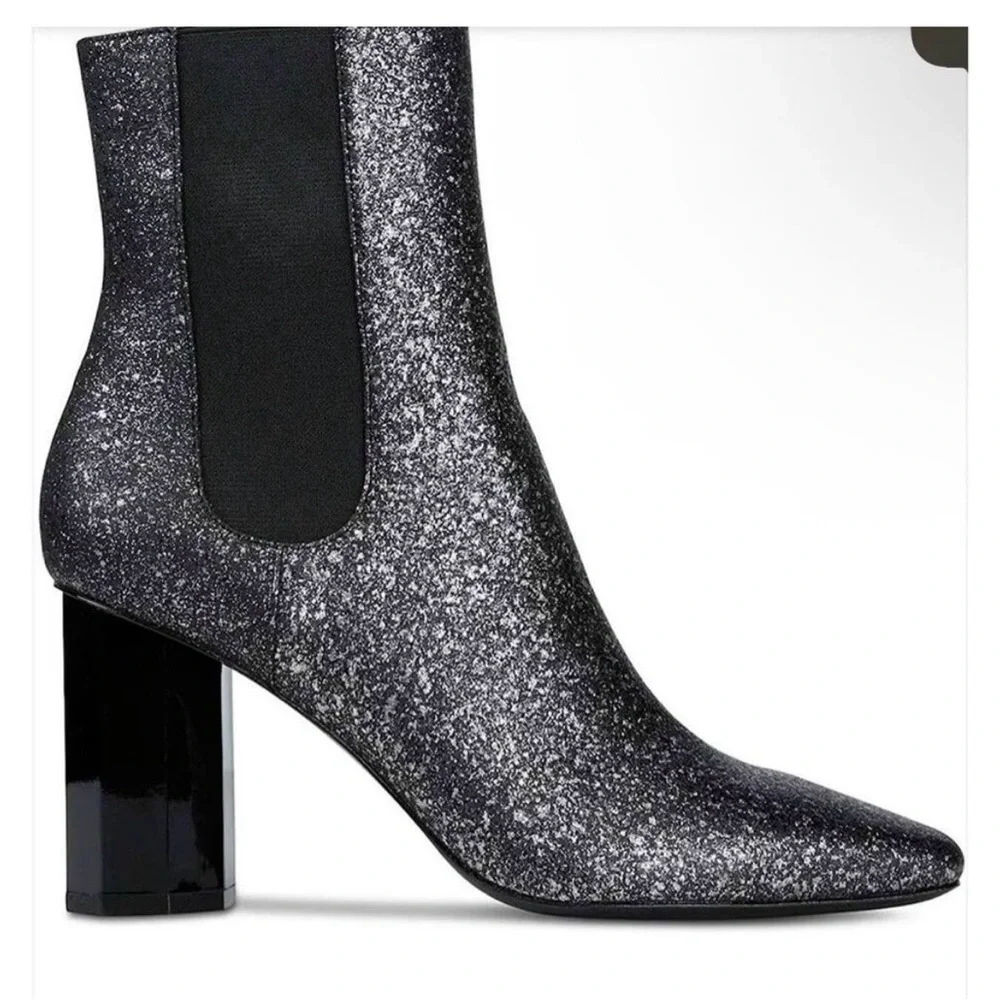 Donald Pliner Laila Booties Silver Glitter Suede Octangular Heel Sz 7M